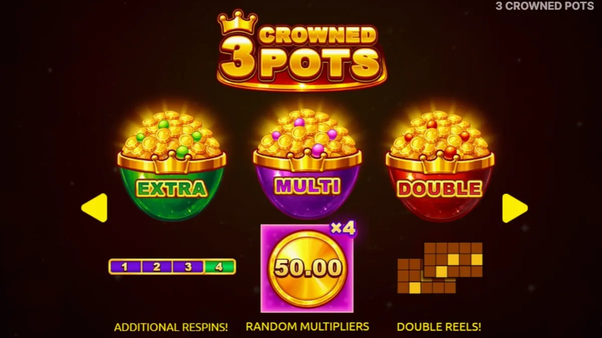 Giao diện trò chơi 3 Crowned Pots với các hũ vàng và biểu tượng trái cây rực rỡ