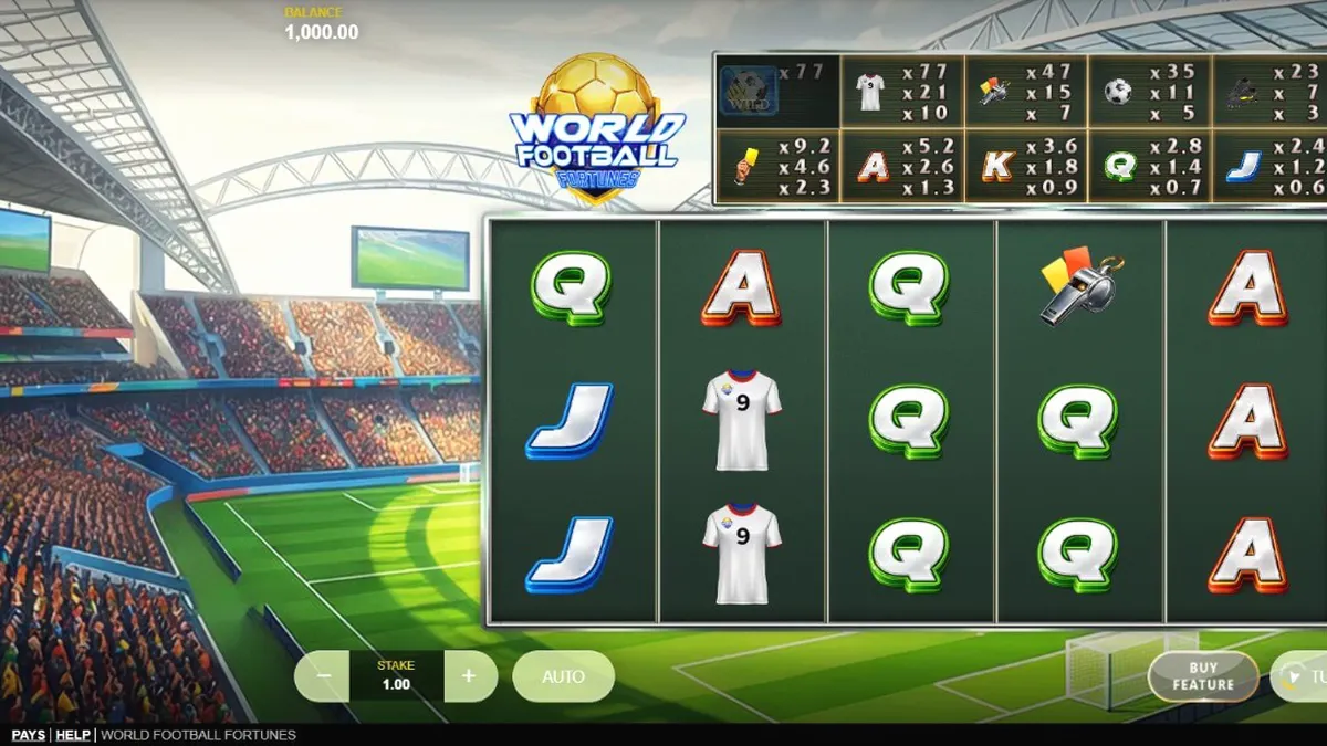 Giao diện sân vận động rực lửa trong slot game World Football Fortunes