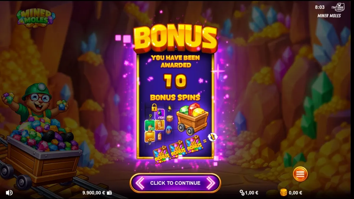 Giao diện trò chơi slot Miner Moles với các chú chuột chũi và biểu tượng đá quý
